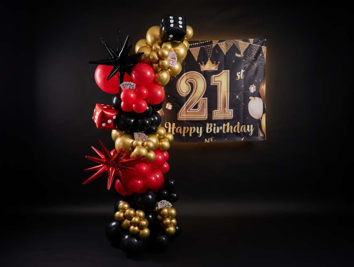 Casino theme balloon arch Cork - corporate event balloon styling with premium signage