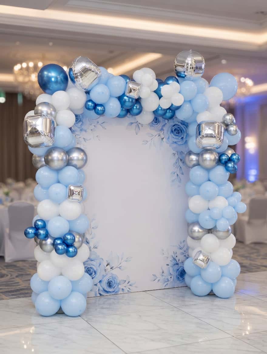 Luxury wedding balloon arch Cork - elegant blue white silver organic balloon installation