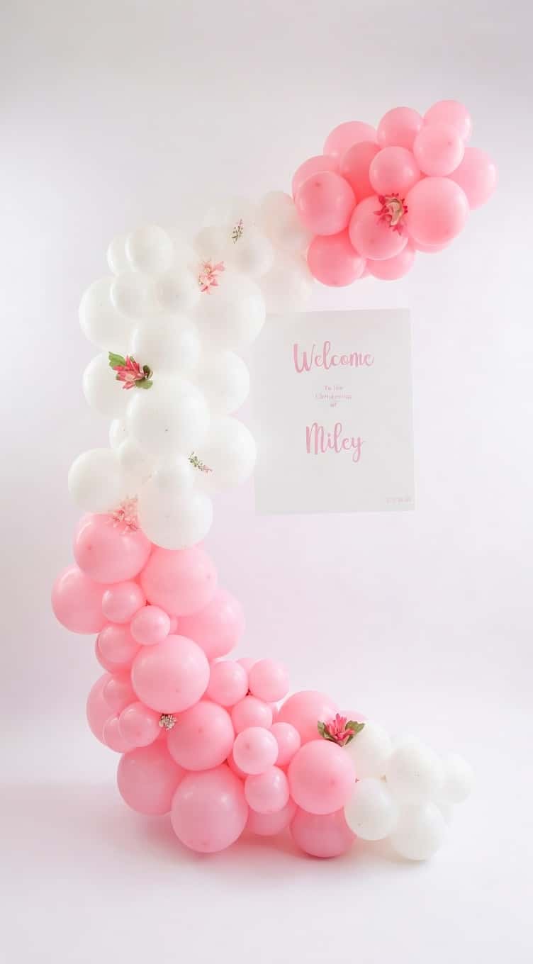 Baby christening balloon arch Cork - pink white pastel balloon decorations with sign