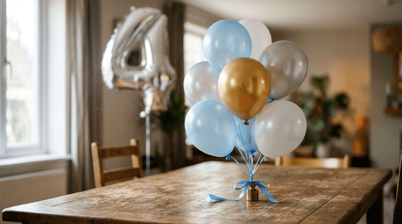 Helium balloon bouquets Cork — latex bouquet and foil number balloons on a styled table
