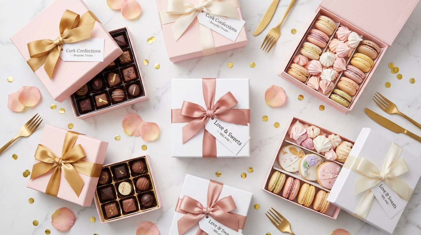 Colourful treat boxes and sweet table display for a Cork party